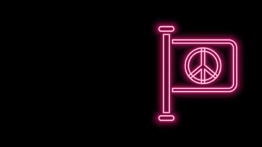 Parlayan neon hattı bayrak barış simgesi siyah arkaplanda izole edildi. Hippi barış sembolü. 4K Video hareketli grafik canlandırması