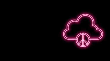 Parlayan neon hattı barış bulutu simgesi siyah arka planda izole edildi. Hippi barış sembolü. 4K Video hareketli grafik canlandırması