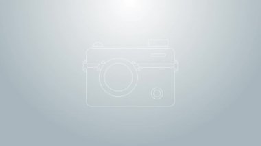Mavi çizgi fotoğraf makinesi simgesi gri arkaplanda izole edildi. Foto kamera. Dijital fotoğrafçılık. 4K Video hareketli grafik canlandırması