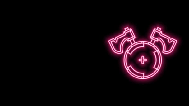 Glowing neon line Medieval shield with crossed axes icon isolated on black background. Battle axe, executioner axe. 4K Video motion graphic animation — Stock Video