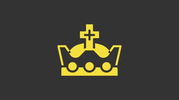 Κίτρινη εικόνα στέμμα βασιλιά απομονώνονται σε γκρι φόντο. 4K Γραφική κίνηση κίνησης βίντεο — Αρχείο Βίντεο