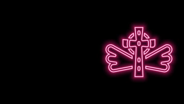Zářící neonová čára Christian kříž ikona izolované na černém pozadí. Kostelní kříž. Grafická animace pohybu videa 4K — Stock video