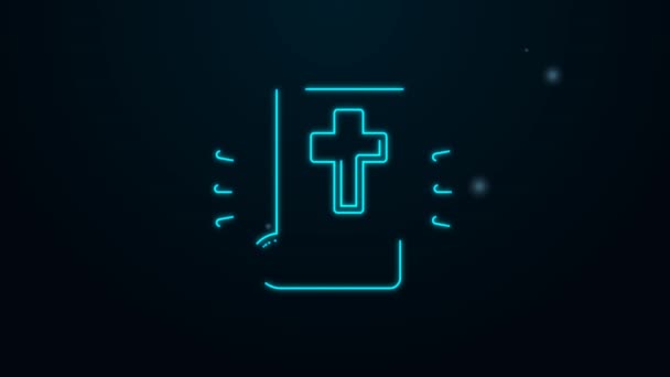 Светящаяся неоновая линия Икона Священной Библии изолирована на черном фоне. Видеографическая анимация 4K — стоковое видео