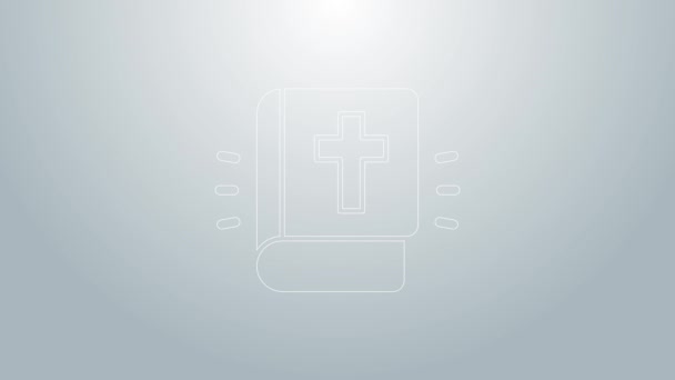Modrá čára Ikona knihy svaté izolované na šedém pozadí. Grafická animace pohybu videa 4K — Stock video