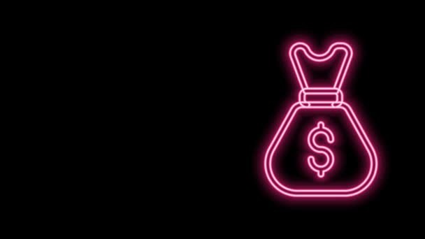 Glowing neon line Old money bag icon isolated on black background. Cash Banking currency sign. 4K Video motion graphic animation — Stock Video