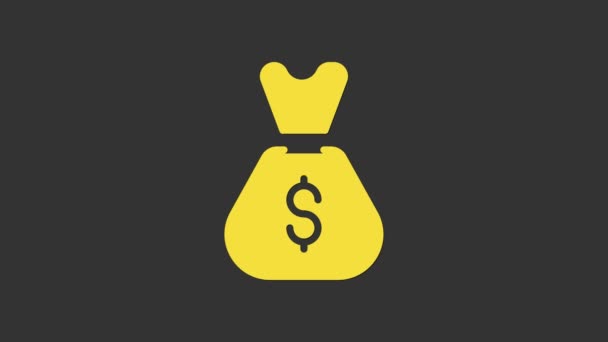 Желтый старый иконка мешок денег изолированы на сером фоне. Валютный знак Cash Banking. Видеографическая анимация 4K — стоковое видео