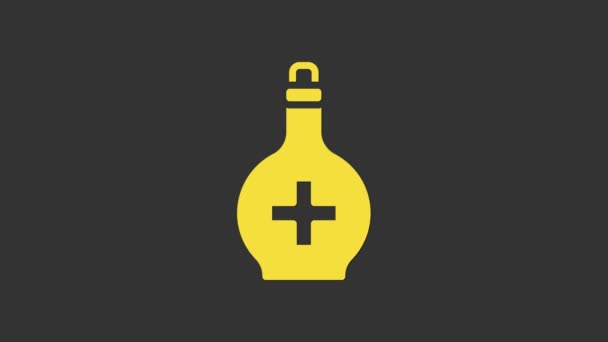 Gelbe Flasche mit Trank-Symbol isoliert auf grauem Hintergrund. Fläschchen mit Zaubertrank. Frohe Halloween-Party. 4K Video Motion Grafik Animation — Stockvideo
