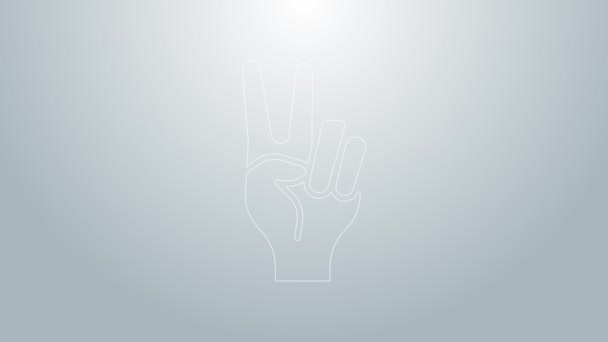 Blaue Linie Hand zeigt zwei Fingersymbole isoliert auf grauem Hintergrund. Handgeste V-Zeichen für Sieg oder Frieden. 4K Video Motion Grafik Animation — Stockvideo