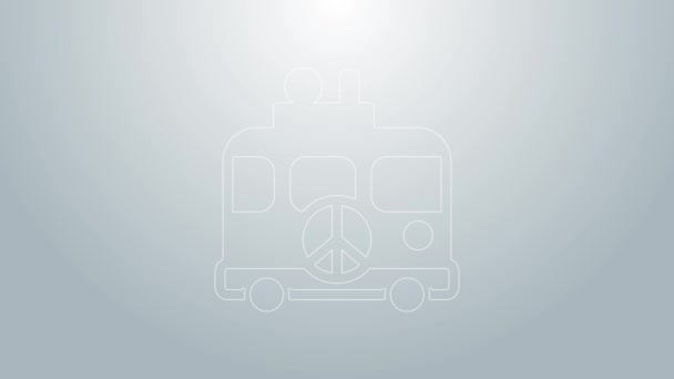 蓝线希皮野营面包车图标孤立在灰色背景。乘老式大巴旅行。旅游，暑假。4K视频运动图形动画 — 图库视频影像