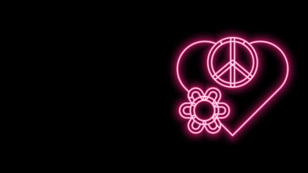 Žhnoucí neonová čára Láska mír ikona izolované na černém pozadí. Hippie symbol míru. Grafická animace pohybu videa 4K — Stock video