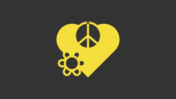 Icono de paz Amor Amarillo aislado sobre fondo gris. Símbolo hippie de paz. Animación gráfica de vídeo 4K — Vídeos de Stock