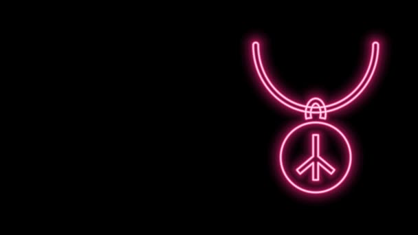 Gloeiende neon lijn Ketting met vrede symbool pictogram geïsoleerd op zwarte achtergrond. Hippie symbool van vrede. 4K Video motion grafische animatie — Stockvideo