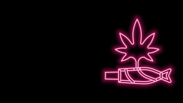 Parlak neon hattı marihuana esrarı, siyah arka planda izole edilmiş sigara ikonu. Uyuşturuculu sigara, esrar sarılmış sigara. 4K Video hareketli grafik canlandırması — Stok video