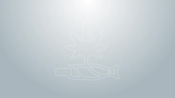 Синяя линия марихуаны сустава, иконка косточки изолирована на сером фоне. Сигарету с наркотиками, сигарету с марихуаной. Видеографическая анимация 4K — стоковое видео