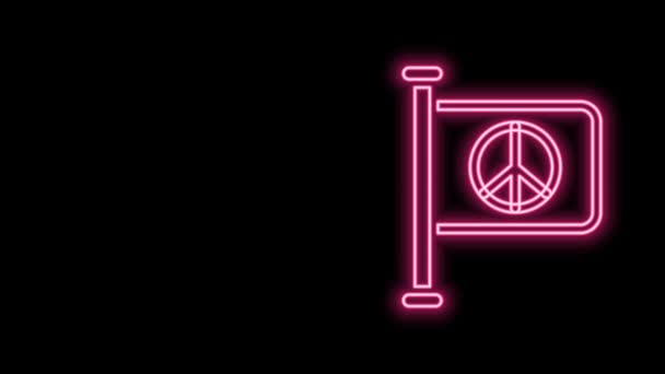 Gloeiende neon lijn Vlag vrede pictogram geïsoleerd op zwarte achtergrond. Hippie symbool van vrede. 4K Video motion grafische animatie — Stockvideo
