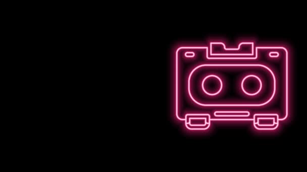 Gloeiende neon lijn Retro audio cassette tape icoon geïsoleerd op zwarte achtergrond. 4K Video motion grafische animatie — Stockvideo