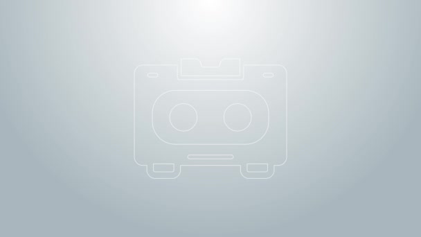 Modrá čára Retro audio kazeta ikona izolované na šedém pozadí. Grafická animace pohybu videa 4K — Stock video