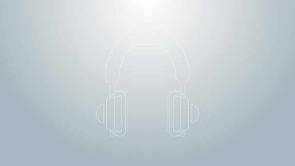 Blue line Headphones icon isolated on grey background. Earphones. Concept for listening to music, service, communication and operator. 4K Video motion graphic animation — Stock Video