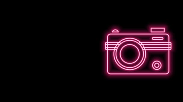 Parlayan neon hattı fotoğraf makinesi simgesi siyah arkaplanda izole edildi. Foto kamera. Dijital fotoğrafçılık. 4K Video hareketli grafik canlandırması — Stok video