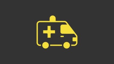 Sarı ambulans ve acil durum ikonu gri arka planda izole edildi. Ambulans aracı tıbbi tahliye. 4K Video hareketli grafik canlandırması