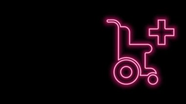 Siyah arkaplanda izole edilmiş engelli kişi simgesi için parlayan neon hat tekerlekli sandalye. 4K Video hareketli grafik canlandırması
