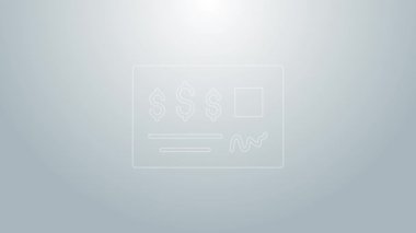 Banka çekinin mavi çizgi boş şablonu ve gri arkaplanda izole edilmiş kalem simgesi. Doldurulacak boş alanlarla birlikte kontrol defteri çek sayfası. 4K Video hareketli grafik canlandırması