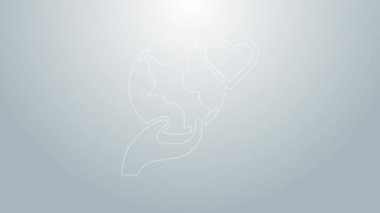 Mavi çizgi. İnsan eli, gri arkaplanda Dünya 'nın simgesini tutuyor. Dünya kavramını sakla. 4K Video hareketli grafik canlandırması