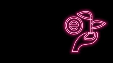 Parlayan neon hattı kara arka planda izole edilmiş çevre koruma ikonu. Tohum ve tohum. Fidan dikiyorum. Ekoloji konsepti. 4K Video hareketli grafik canlandırması