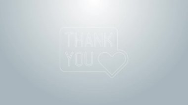 Mavi çizgi. Gri arkaplanda kalp ikonu olan teşekkürler. El yazısıyla yazılmış harfler. 4K Video hareketli grafik canlandırması