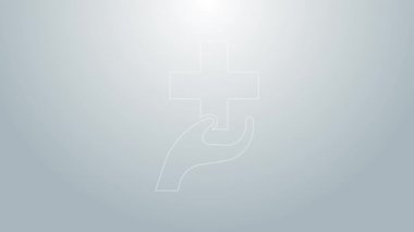 Mavi Hat Kalbi 'nin gri arka planında bir haç simgesi var. İlk yardım. Sağlık, tıbbi ve eczane işaretleri. 4K Video hareketli grafik canlandırması