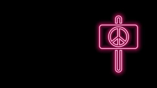 Zářící neonová čára Ikona míru izolovaná na černém pozadí. Hippie symbol míru. Grafická animace pohybu videa 4K — Stock video