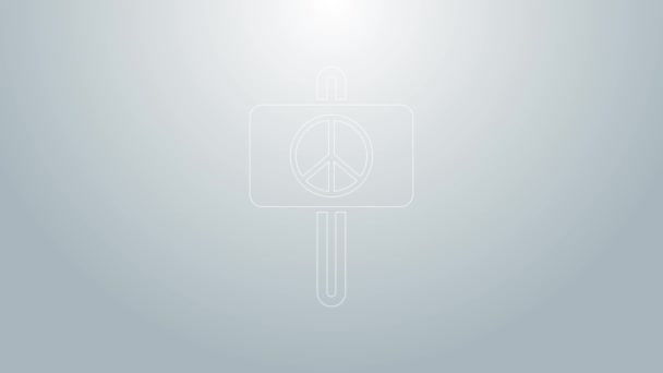Línea azul Icono de Paz aislado sobre fondo gris. Símbolo hippie de paz. Animación gráfica de vídeo 4K — Vídeos de Stock
