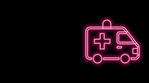 Glowing neon line Ambulance and emergency car icon isolated on black background. Ambulance vehicle medical evacuation. 4K Video motion graphic animation — Stock Video