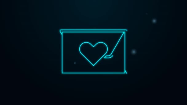 Linea neon luminosa Busta con icona del cuore di San Valentino isolata su sfondo nero. Messaggio d'amore. Lettera amore e romanticismo. Animazione grafica 4K Video motion