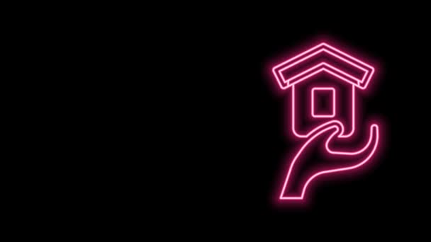 Светящаяся неоновая линия Приют для бездомных икона изолированы на черном фоне. Срочное жилье, временное место жительства для людей, бездомных и нищих без дома. Видеографическая анимация 4K — стоковое видео