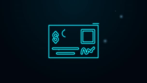 Glowing neon line Blank template of the bank check and pen icon isolated on black background. Checkbook cheque page with empty fields to fill. 4K Video motion graphic animation — Stock Video