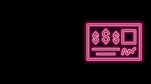 Glowing neon line Blank template of the bank check and pen icon isolated on black background. Checkbook cheque page with empty fields to fill. 4K Video motion graphic animation — Stock Video