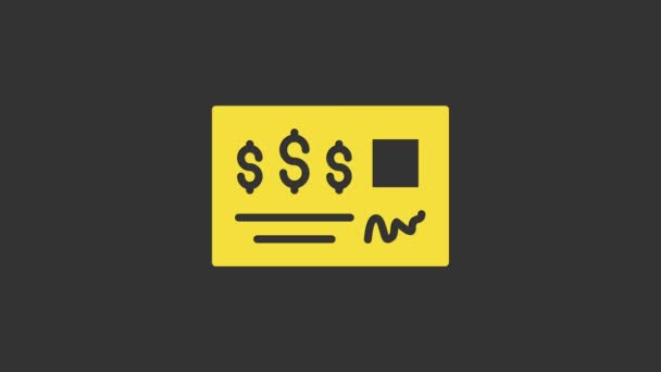 Modello Yellow Blank dell'icona con assegno bancario e penna isolata su sfondo grigio. Pagina di assegno del libretto degli assegni con i campi vuoti da riempire. Animazione grafica 4K Video motion — Video Stock