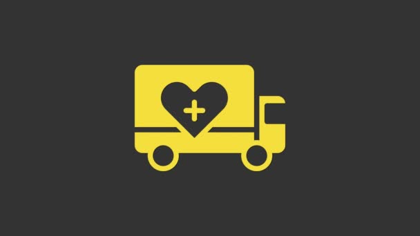 Ícone de caminhão humanitário amarelo isolado no fundo cinza. Animação gráfica em movimento de vídeo 4K — Vídeo de Stock