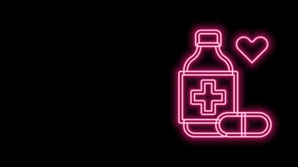 Glow néon ligne bouteille de médecine et pilules icône isolée sur fond noir. Signe de pilule. Conception de pharmacie. Animation graphique de mouvement vidéo 4K — Video