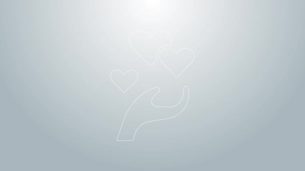 Μπλε γραμμή Καρδιά στο χέρι εικονίδιο απομονώνονται σε γκρι φόντο. Το χέρι που δίνει το σύμβολο αγάπης. Σύμβολο του Αγίου Βαλεντίνου. 4K Γραφική κίνηση κίνησης βίντεο — Αρχείο Βίντεο