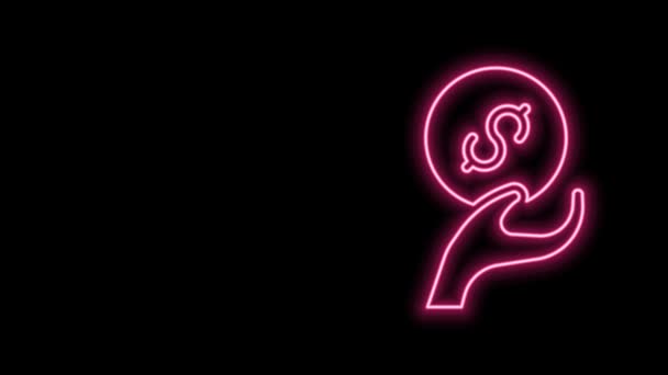 Linea neon luminosa Icona donazione e beneficenza isolata su sfondo nero. Donare denaro e il concetto di carità. Animazione grafica 4K Video motion — Video Stock