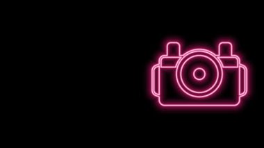 Dalgıç simgesi için parlayan neon hattı fotoğraf makinesi siyah arkaplanda izole edildi. Fotoğraf makinesi simgesi. Su altı ekipmanları. 4K Video hareketli grafik canlandırması