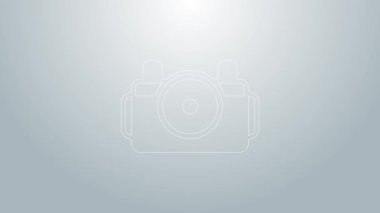 Dalgıç simgesi için mavi çizgi fotoğraf makinesi gri arkaplanda izole edildi. Fotoğraf makinesi simgesi. Su altı ekipmanları. 4K Video hareketli grafik canlandırması
