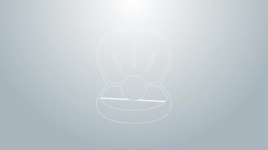 Mavi çizgi. Gri arkaplanda inci simgesi olan doğal açık kabuk. Deniz kabuğu kabuğu. Deniz kabuğu işareti. 4K Video hareketli grafik canlandırması