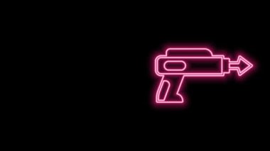 Parlayan neon hattı Balıkçılık zıpkını simgesi siyah arkaplanda izole edildi. Suyun altında balık yakalamak için balıkçılık üreticileri. Su altı ekipmanları. 4K Video hareketli grafik canlandırması