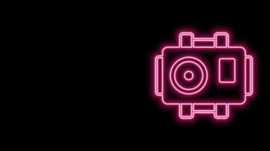 Dalgıç simgesi için parlayan neon hattı fotoğraf makinesi siyah arkaplanda izole edildi. Fotoğraf makinesi simgesi. Su altı ekipmanları. 4K Video hareketli grafik canlandırması