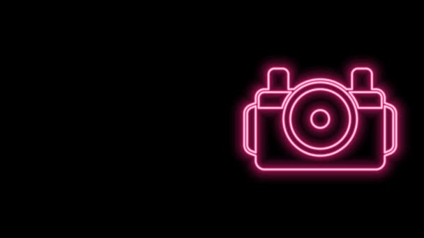 Dalgıç simgesi için parlayan neon hattı fotoğraf makinesi siyah arkaplanda izole edildi. Fotoğraf makinesi simgesi. Su altı ekipmanları. 4K Video hareketli grafik canlandırması — Stok video