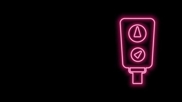 Świecąca neonowa ikona skali Gauge odizolowana na czarnym tle. Satysfakcja, temperatura, manometr, ryzyko, ocena, wydajność, tachometr prędkości. 4K Animacja graficzna ruchu wideo — Wideo stockowe