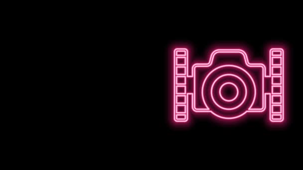 Leuchtende Neon Line Fotokamera für Taucher Ikone isoliert auf schwarzem Hintergrund. Ikone der Fotokamera. Tauchausrüstung. 4K Video Motion Grafik Animation — Stockvideo